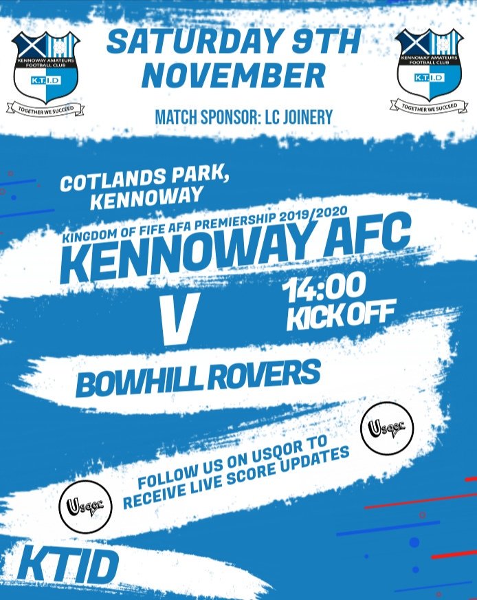 #LeagueFixture | 🏆 Kingdom Of Fife AFA Premiership Division

Today Kennoway Amateurs are at home again against <a href="/BowhillRoversFC/">Bowhill Rovers FC</a> at Cotlands Park. 

If you cannot make the game, sign up to USQOR to receive live in-game updates. 

#KTID