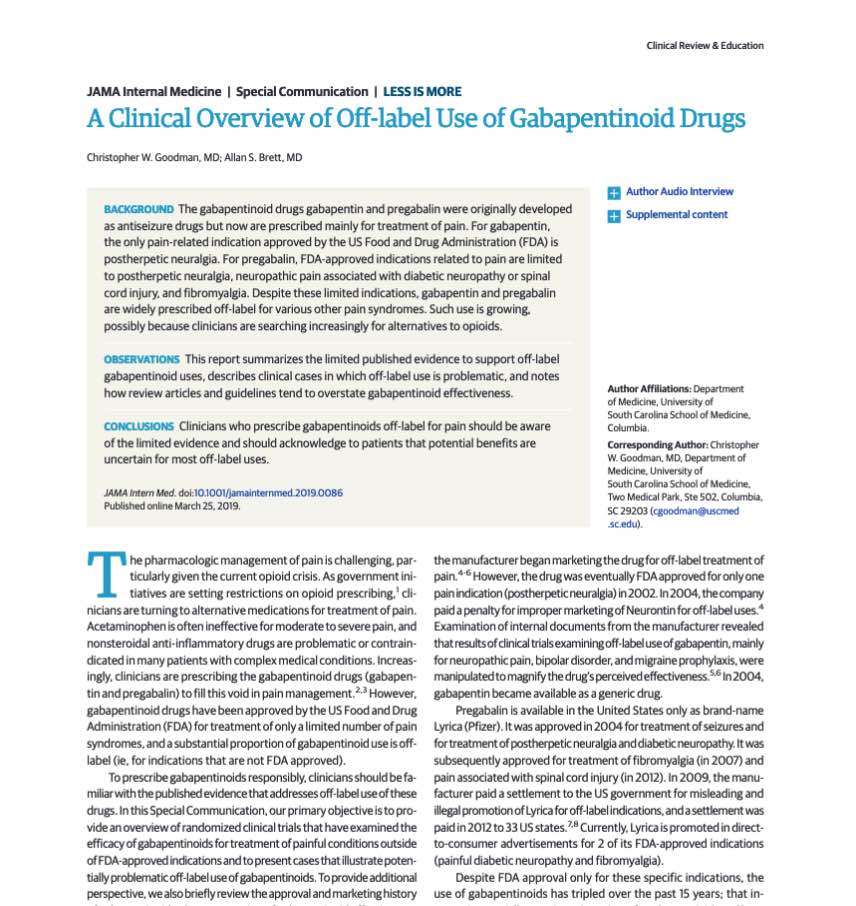 ZeBepsMD's tweet image. &quot;A Clinical Overview of #Off-#label Use of #Gabapentinoid Drugs&quot;
jamanetwork.com/journals/jamai…