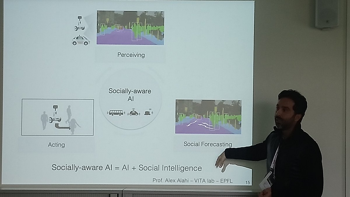 LAudergon's tweet photo. Démonstration du prof Alahi sur l`intelligence artificielle dans les transports, avec module performant de prévision du comportement humain et d'analyse en continu des risques. La perception est maîtrisée seulement depuis 2 ans. Les (ré)actions fonctionnent. Cool ! https://t.co/pUNp6iAO5s