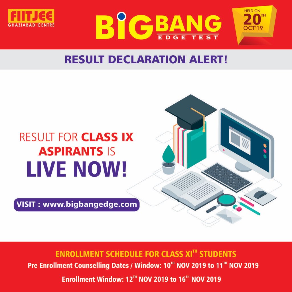 -Big Bang Edge Test 2019 | Update -
Result for class 9th aspirants is NOW LIVE at bigbangedge.com. Also, please note the dates of Pre Enrollment Counselling and Enrollment window!!!
#BBET2019 #Class9th #Result #FIITJEEGhaziabad