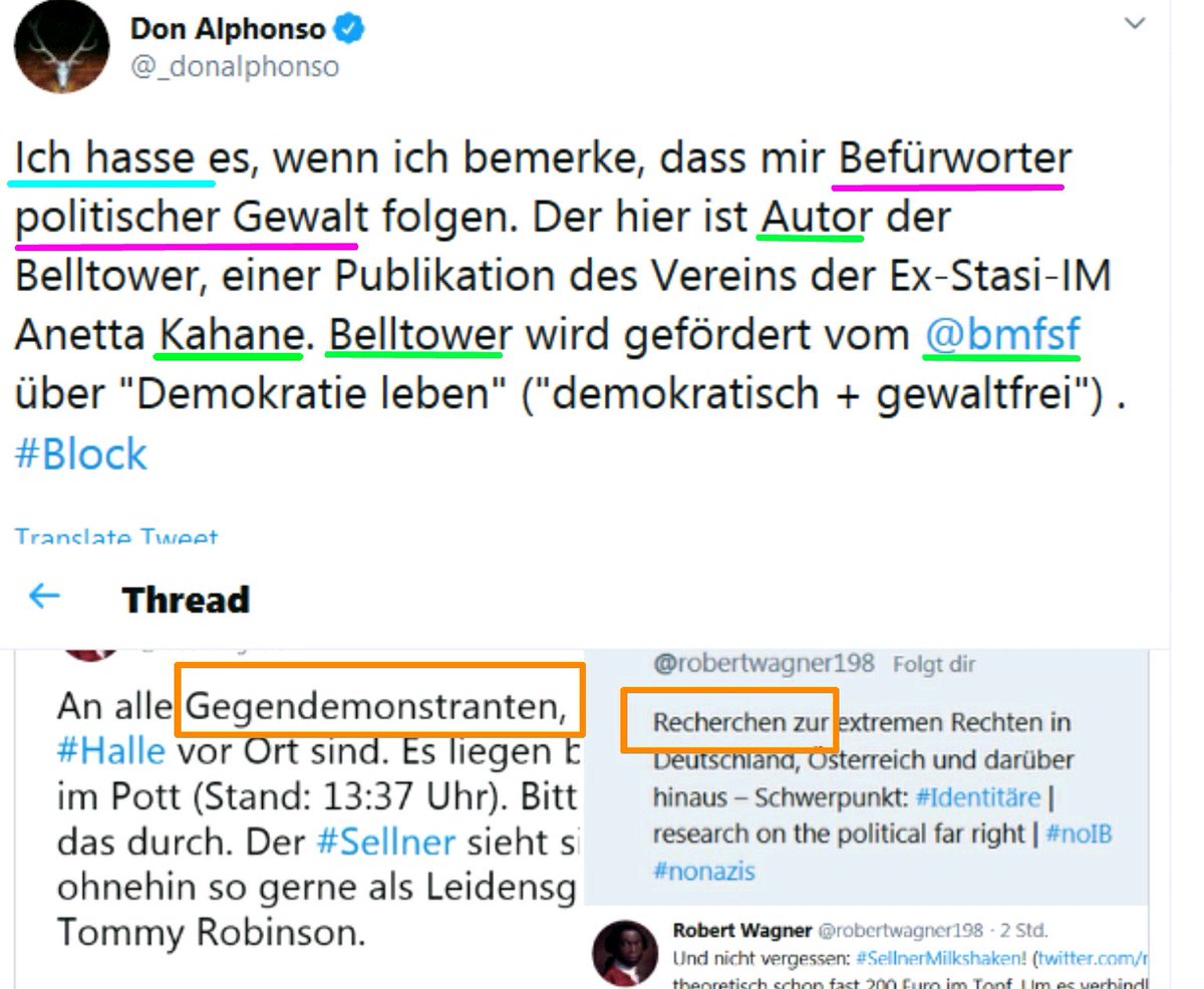 Die quasi als Beweis der "Hasswürdigkeit" angefügten screenshots sind absolut harmlos (Orange eingerahmt). Demonstrationen zu unterstützen und Netzwerke der Identitären aufzudecken ist keine "politische Gewalt". 5/x