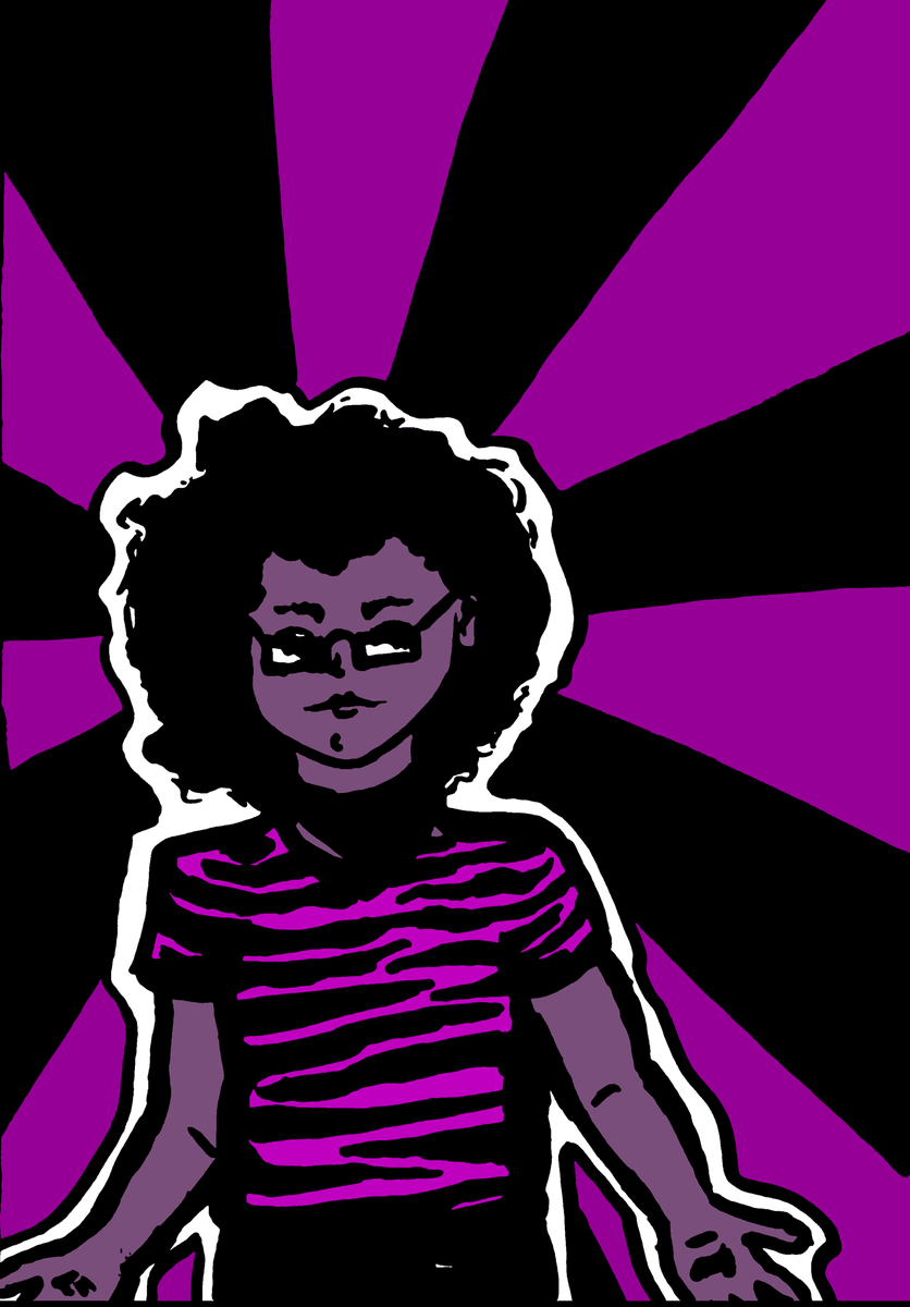 A picture of a very charismatic person. They wear a tiger striped pink shirt, a bandana around their neck and glasses.