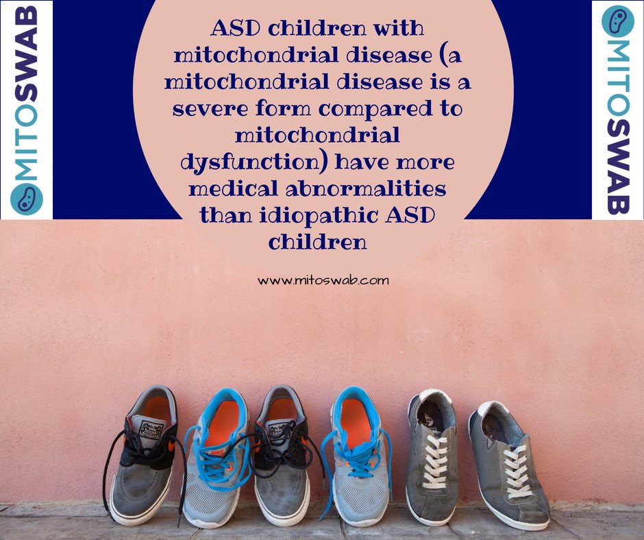 #ASD children with #mitochondrialdisease (a mitochondrial disease is a severe form compared to
mitochondrial dysfunction) have more medical abnormalities than idiopathic ASD children. #mito #mitochondria