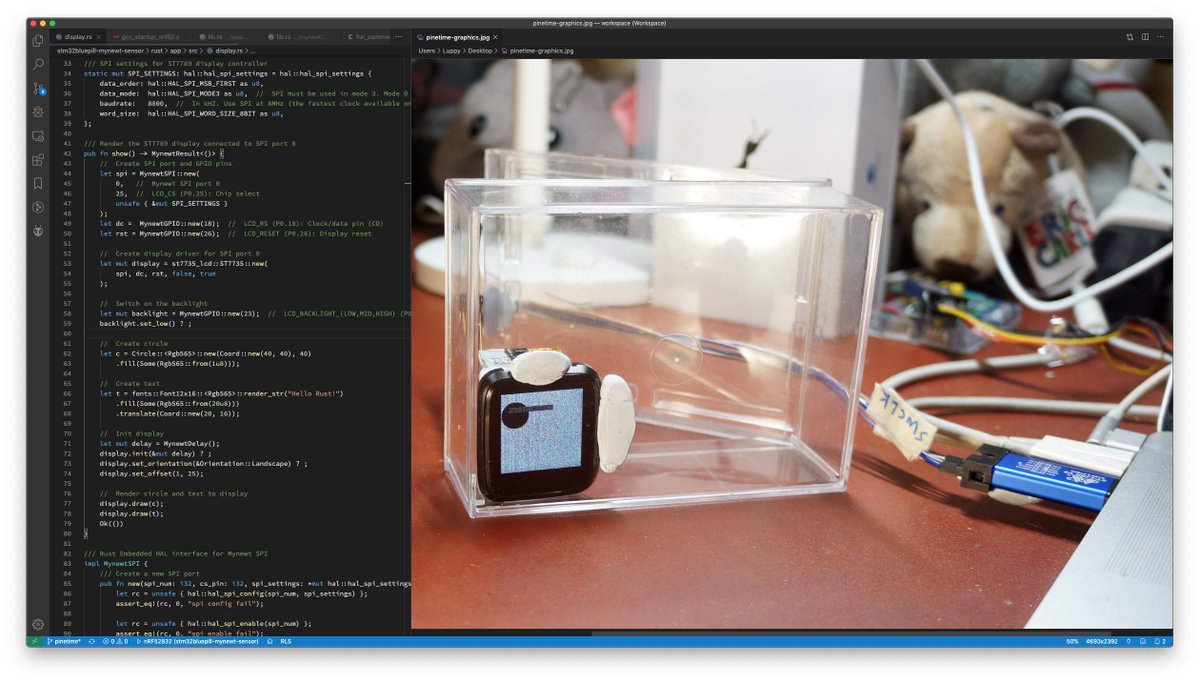 Wow #RustLang Embedded Just Works... Really! Took only a few hours to port Rust Embedded Graphics + ST7735 display driver to <a href="/ThePine64/">PINE64</a>'s #PineTime Smart Watch running #Mynewt OS... Great job <a href="/rustembedded/">Rust Embedded Working Group</a> and the Rust Embedded Community! github.com/lupyuen/stm32b…
