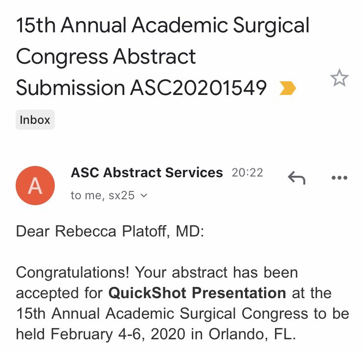 I submitted this abstract to #ASC2020 just as my residency program <a href="/drexel_surgery/">The (former) Drexel Hahnemann Surgery Program</a> <a href="/HUHospitalPHL/">Hahnemann University Hospital</a> was closing and I was starting again at <a href="/CooperHospital/">Cooper Hospital</a>. Showed myself that I could keep moving forward without missing an abstract deadline. Thank you <a href="/AcademicSurgery/">Assoc4AcademicSurgery</a> <a href="/UnivSurg/">Society of University Surgeons (SUS)</a> !