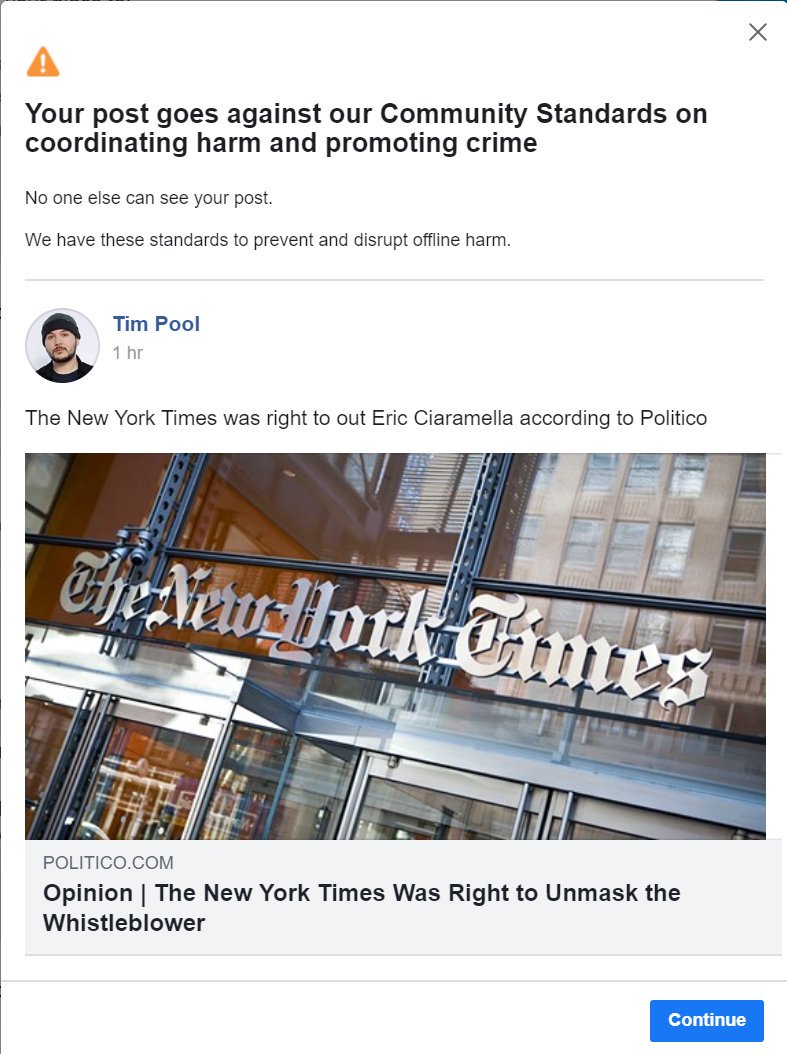 Timcast's tweet image. Facebook is now claiming that journalism is a crime that could cause harm

They have deleted my post about the whistleblower specifically discussing the importance of journalists disclosing this information

Pic 1 and 2: Removal notice
Pic 3: Section from deleted article