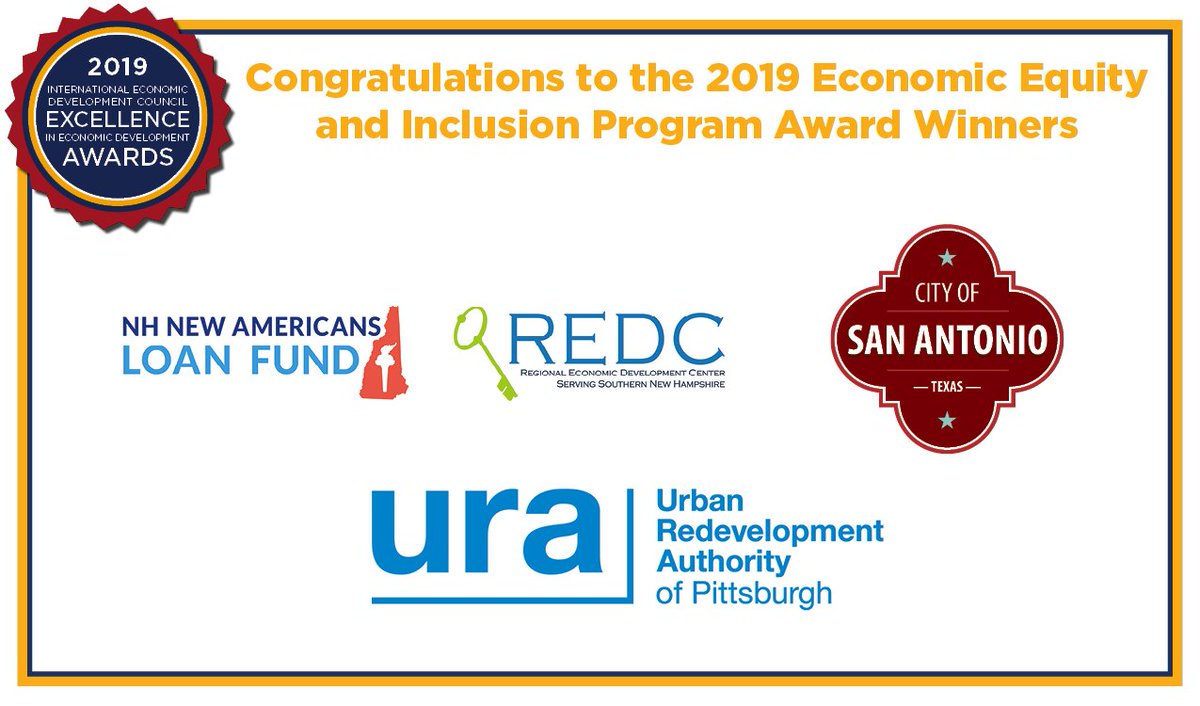 We’re continuing to celebrate the success of #Econdev marketing professionals! Congratulations to winners in the economic equity and inclusion category: the Regional Economic Development Loan Center (New Hampshire), URA of Pittsburgh, and City of San Antonio. #IEDCAwards