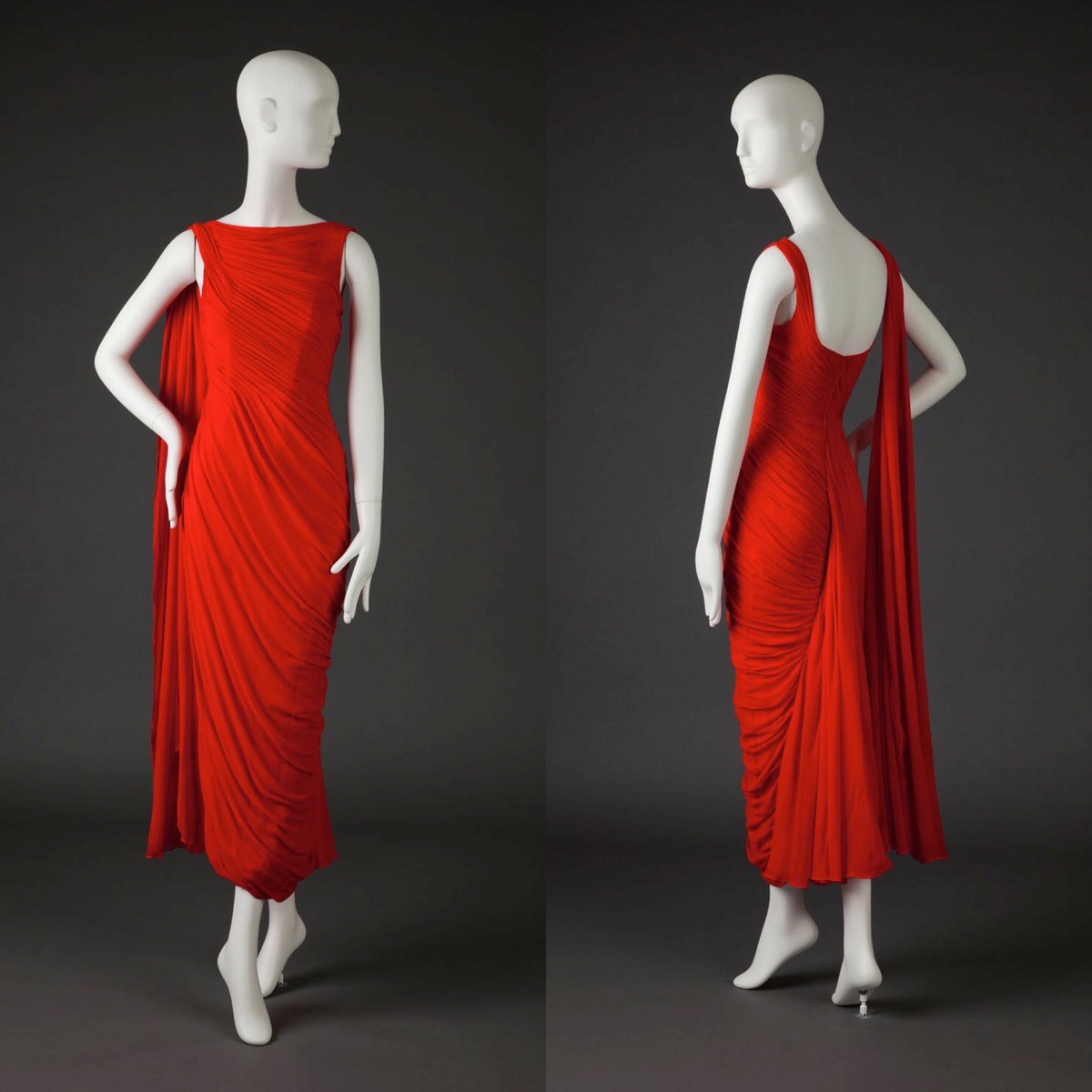 kateStrasdin's tweet photo. Red hot silk chiffon is draped around the shell of this #1950s tubular dress by #CeilChapman, the high neckline plunging to a scoop back with an attached stole at the shoulder @GoldsteinMuseum #fashionhistory https://t.co/uoC2nUMUCA