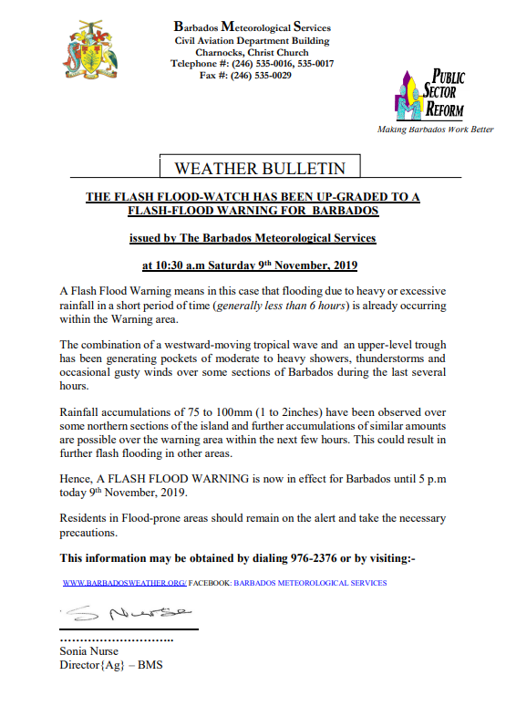 The Flash-Flood Watch has been upgraded to Flash-Flood Warning for Barbados until 5:00 pm today
