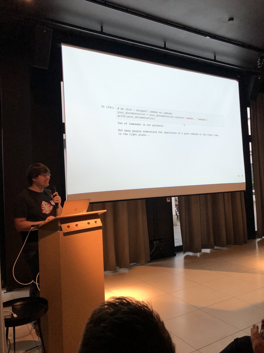 YennyCheung's tweet image. Python lambda in 10 minutes with @mucio at #pythonpizza.
