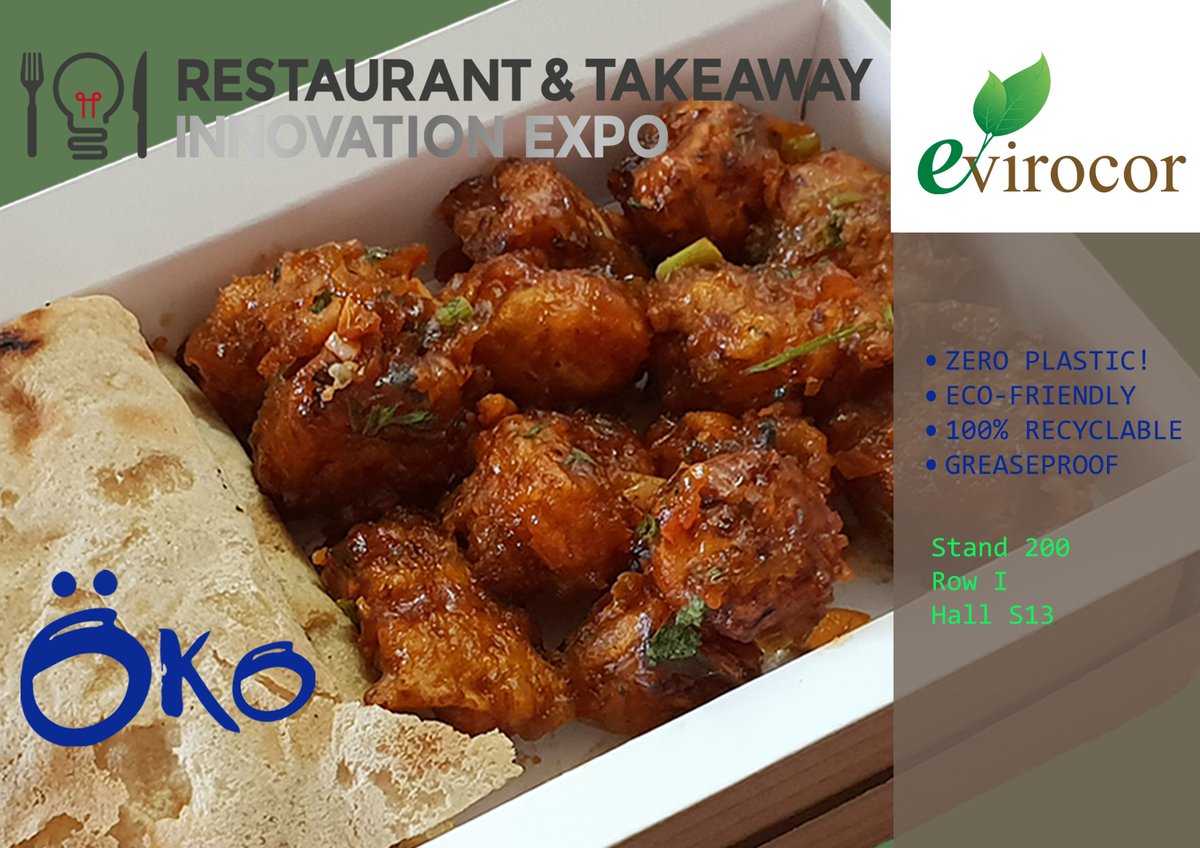 Evirocor's tweet photo. We are thrilled to exhibit @TakeawayExpo. Come and see our eco-friendly OKO boxes. Check out our ZERO PLASTIC ready meal packaging perfect for takeaway and supermarkets. #RTIE19 #SustainabilityTrail #IndustryProfesionals #sustainable #Sustainability #Plastics #FES19 #takeaway https://t.co/4AYQcOlbuU