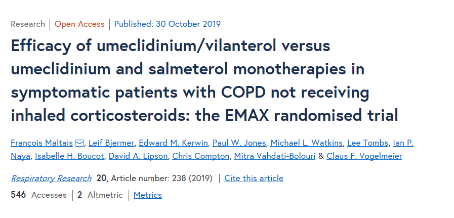 ATS_BSHSR's tweet photo. Efficacy of #umeclidinium / #vilanterol versus #umeclidinium and #salmeterol #monotherapies in symptomatic patients with #COPD not receiving #inhaled #corticosteroids: the #EMAX randomised trial. #Pulmonary #Lung #FEV1 https://t.co/TAALPmftWm https://t.co/aViFibsG3U