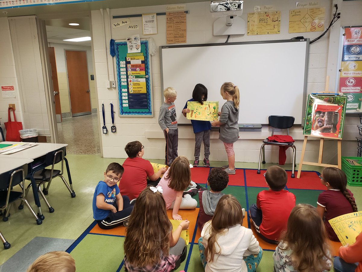 AVID 1st graders <a href="/PtPleasantAACPS/">PtPleasantAACPS</a> "HUDDLE UP" to review ideas on 3COLUMN NOTES about human impact on the environment, COLLABORATE to create one-pager posters, then PRESENT to their class. 🤯 #AVIDAACPS #AACPSAWESOME