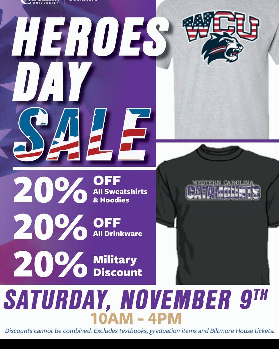 WCU Bookstore (@wcubookstore) on Twitter photo It's GAMEDAY Catamount Nation!! Heroes day sale today 
20% off hoodies, crews, and drinkware. $12.00 military tshirts! 🏈🐯 It's GAMEDAY Catamount Nation!! Heroes day sale today 
20% off hoodies, crews, and drinkware. $12.00 military tshirts! 🏈🐯