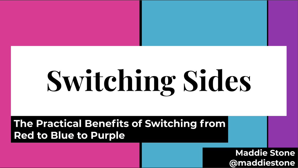 Presentation title slides. On a neon pink, cyan, and purple background are the words “Switching Sides: The Practical Benefits of Switching from Red to Blue to Purple”