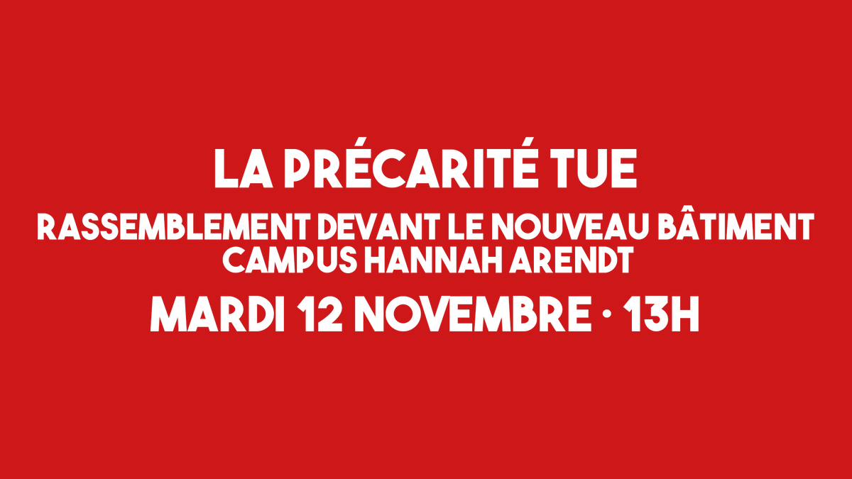 LA PRÉCARITÉ TUE !

Rassemblement devant le nouveau bâtiment du campus Hannah Arendt
Mardi 12 novembre à 13h

<a href="/CROUSAixMars/">Crous Aix-Marseille Avignon</a>