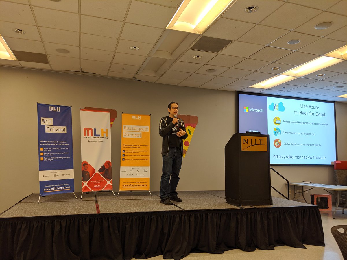GeekTrainer's tweet photo. . @IamPablo giving keynote at @hacknjit

#mlh #hackwithazure #hacknjit #imaginecup https://t.co/X4NVex7SD5