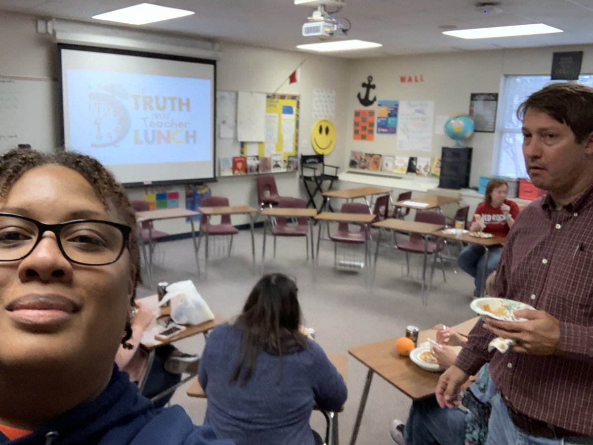 MorrisArika's tweet photo. Our “Month of October 7th Grade Teacher Lunch Bunch”.  My students wanted to attend but I told them teachers need to eat with their friends too sometimes. Lunch tutorials will commence tomorrow!#RBMSRocks https://t.co/FJK9ryjpYu