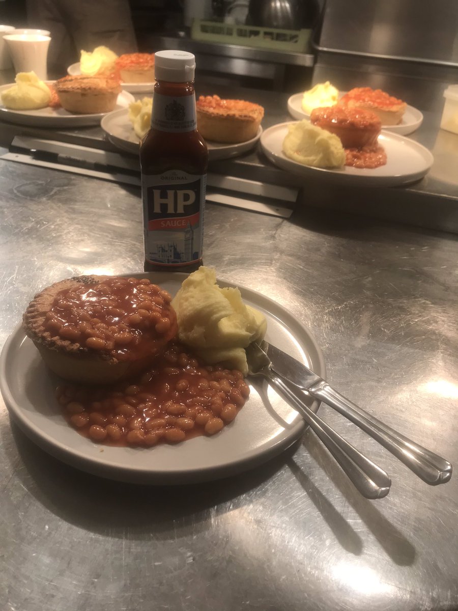 BastionKinsale's tweet photo. #stafftea to beat all staff teas. pie beans and mash can’t be had without H.P brown sauce, https://t.co/DewDiVgv1Y
