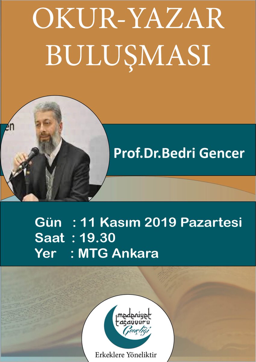 Pazartesi saat 19:30'da Okur Yazar Buluşmalarımızın ikincisinde Prof. Dr. Bedri GENCER'i ağırlayacağız. Tüm dostlarımızı bekliyoruz.<a href="/GencerBedri/">Bedri Gencer</a>