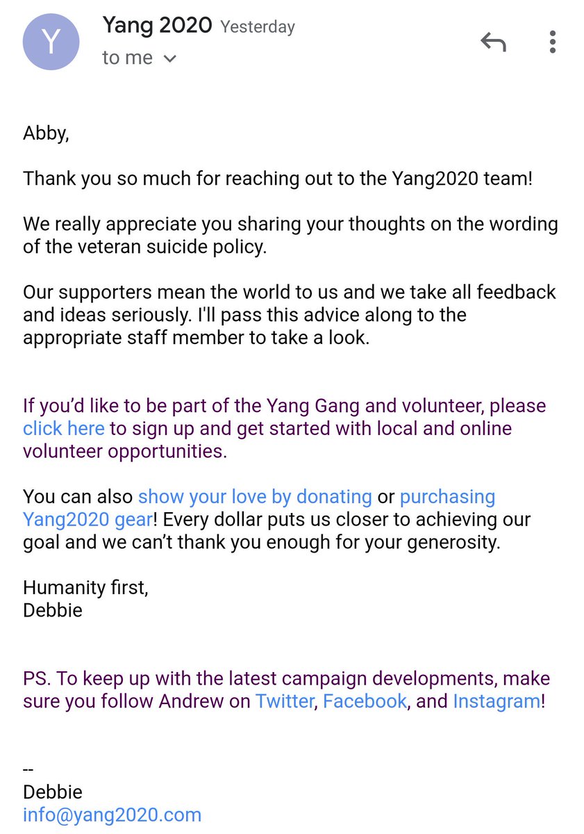 AbbyAraCUA's tweet photo. @AndrewYang & crew:
Thank you for your prompt response to my email - hoping to see the website revision soon!
#stopsuicide #SPSM #AAS365 #languagematters
#YangGang https://t.co/dvNYJeFurO