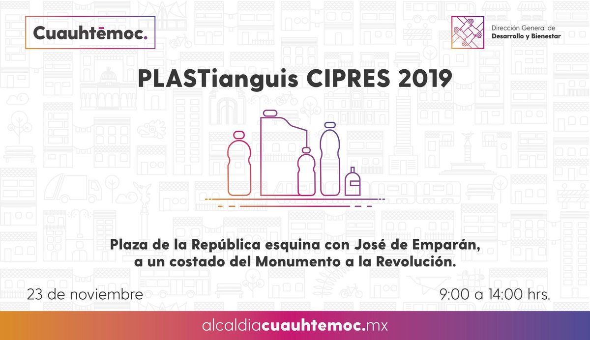 ¡Ya viene la tercera edición del #Plastianguis2019 en la #AlcaldíaCuauhtémoc! 

Lleva tus residuos plásticos el próximo 23 de noviembre, a un costado del Monumento a la Revolución y canjéalos por productos de la canasta básica.

#PonerElEjemplo #EnEquipo