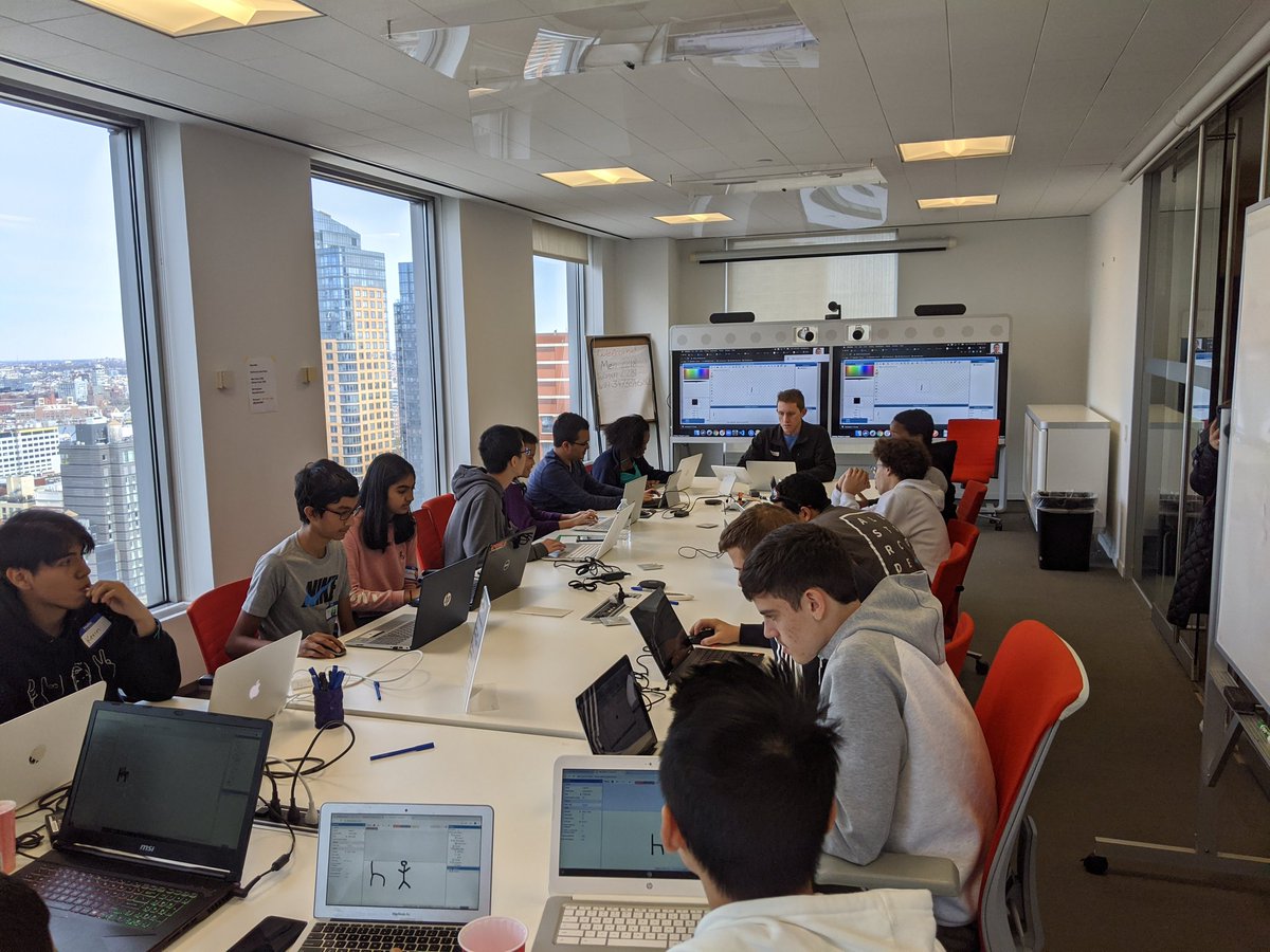 tjhorner's tweet image. Students learn how to make @BillGates jump over chairs with @ConstructTeam 3 at #CodeDay #NY