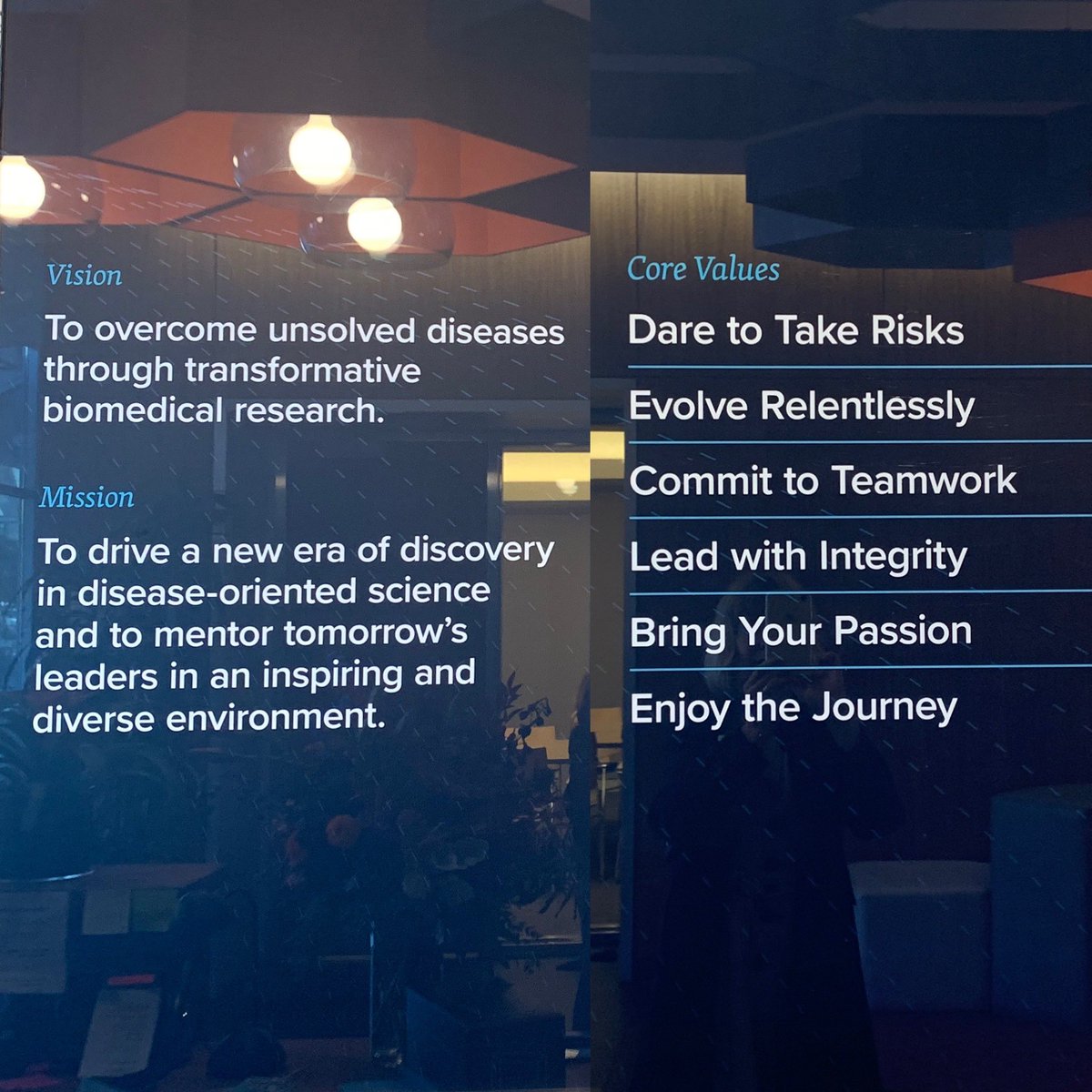 biologyfan's tweet image. The vision - mission - values approach us used a fair bit in business but I don’t often see it applied to a research institute. They have used it @GladstoneInst though &amp;amp; to reinforce it’s all up in the lobby for everyone to see every day. Quite inspiring IMO.