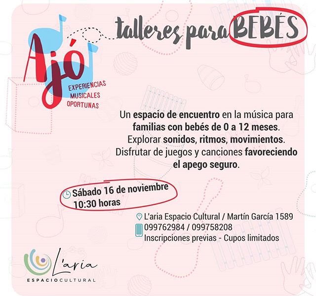 El próximo sábado 16 de noviembre a las 10:30 en L’ Aria espacio cultural nos encontramos para disfrutar del taller mensual para bebés. En el flyer los datos para consultar/reservar. Les esperamos 🤗