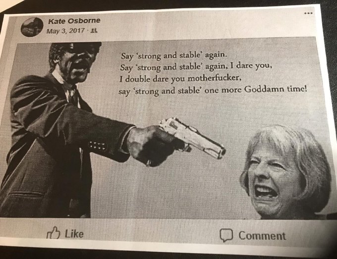 JBickertonUK's tweet photo. Kate Osborne is now officially the Labour candidate for Jarrow. 

27 female Labour MPs had petitioned the central party, unsuccessfully it seems, to prevent her from standing after she posted a picture of a gun being aimed at Theresa May's head on Facebook. https://t.co/fWw3OmEHf6