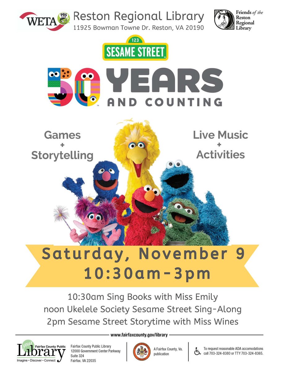 SingBooksEmily's tweet photo. Sure was fun with super big crowd to Sing Books at #RestonRegionalLibrary this morning. Thanks to their amazing staff & @LoveBooksReston Library Friends and @wetatvfm for making it a special morning (and turning the community room into Sesame Street!) #singbookswithemily https://t.co/inbbC0ENVn