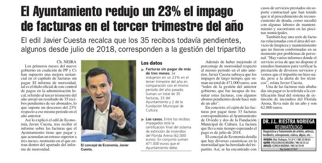 📰 El Ayuntamiento redujo un 23% el impago de facturas en el tercer trimestre del año. 📉

👇🏻vía <a href="/lanuevaespana/">La Nueva España</a>