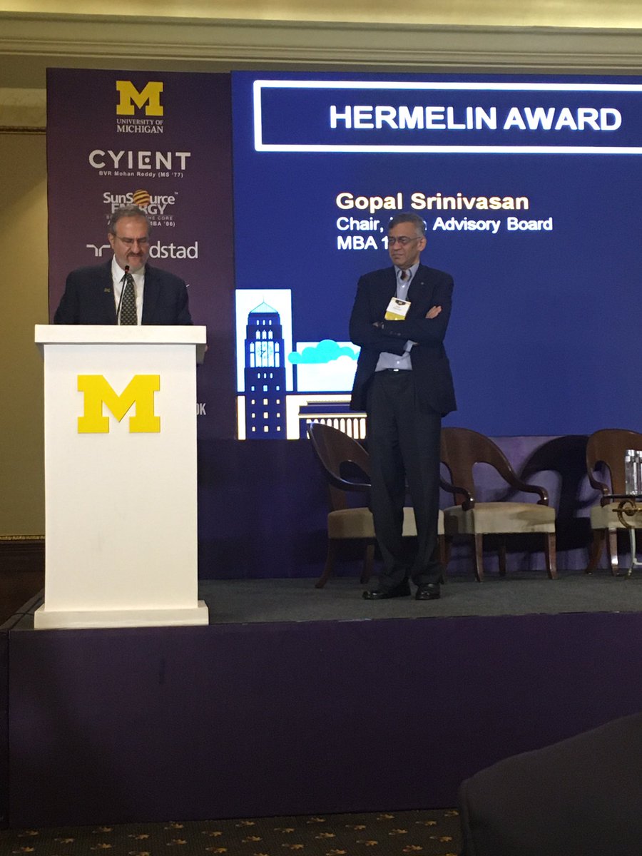 Great trip with <a href="/UMich/">University of Michigan</a> President <a href="/DrMarkSchlissel/">Mark Schlissel</a>, university leaders, and <a href="/MichiganRoss/">Ross School of Business</a> team in India this week. Loved seeing our alumni, incl. Gopal being recognized for his contributions with the Hermelin Alumni Achievement Award—a big honor in the UM community. #GoBlue