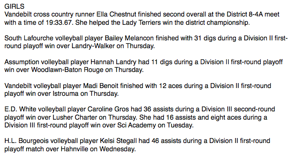 Cast your vote now in the weekly Barker Honda Athletes of the Week contest presented by The Courier and Daily Comet. Here are the nominees.