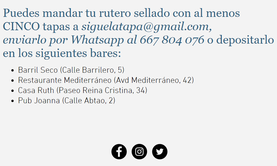 ¿Ya has sellado tu rutero de #SigueLaTapa con al menos 5 tapas? 📝

Pues ya puedes entregarlos en alguno de los establecimientos con urna, por mail o por WhatsApp 📥📧📲

¡Seguimos en la #RutaDeTapasPacifico!💪