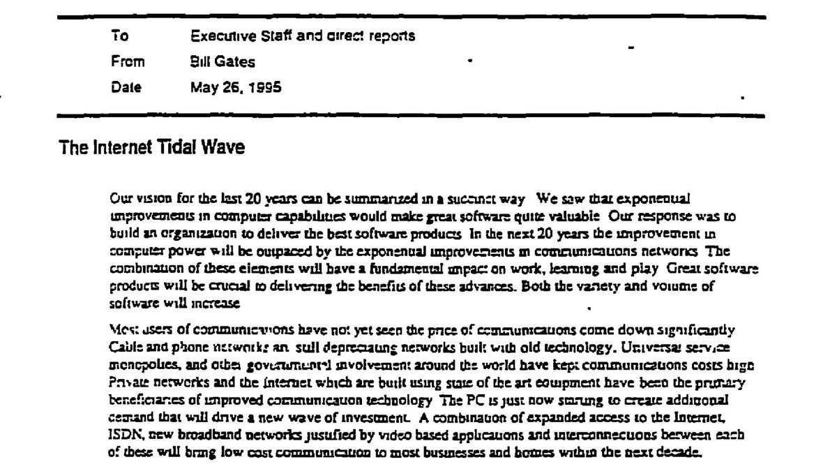 May 1995: Bill Gates writes an internal memo titled "The Internet Tidal Wave" http://www.lettersofnote.com/2011/07/internet-tidal-wave.html