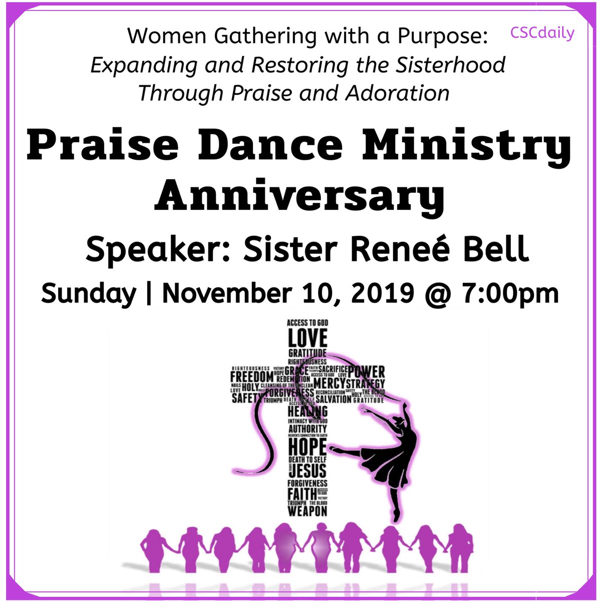 cscdaily's tweet photo. Join Us Tomorrow Night
at CSC
@ 7:00pm
.
.
.
.
for our
Praise Dance Ministry Anniversary
.
.
.
.
#cscPraiseDanceMinistry #PraiseDanceMinistryAnniversary #PDMA #Speaker #ReneeBell #November10th #atCSC #7pm #Share #BringALovedOne πβͺοΈππ΅πΆπ―ββοΈπ―ββοΈπ―ββοΈπ―ββοΈπ΅πΆπ©°π©°π©°π©°π©°ππππ https://t.co/IKSqFn1OMX