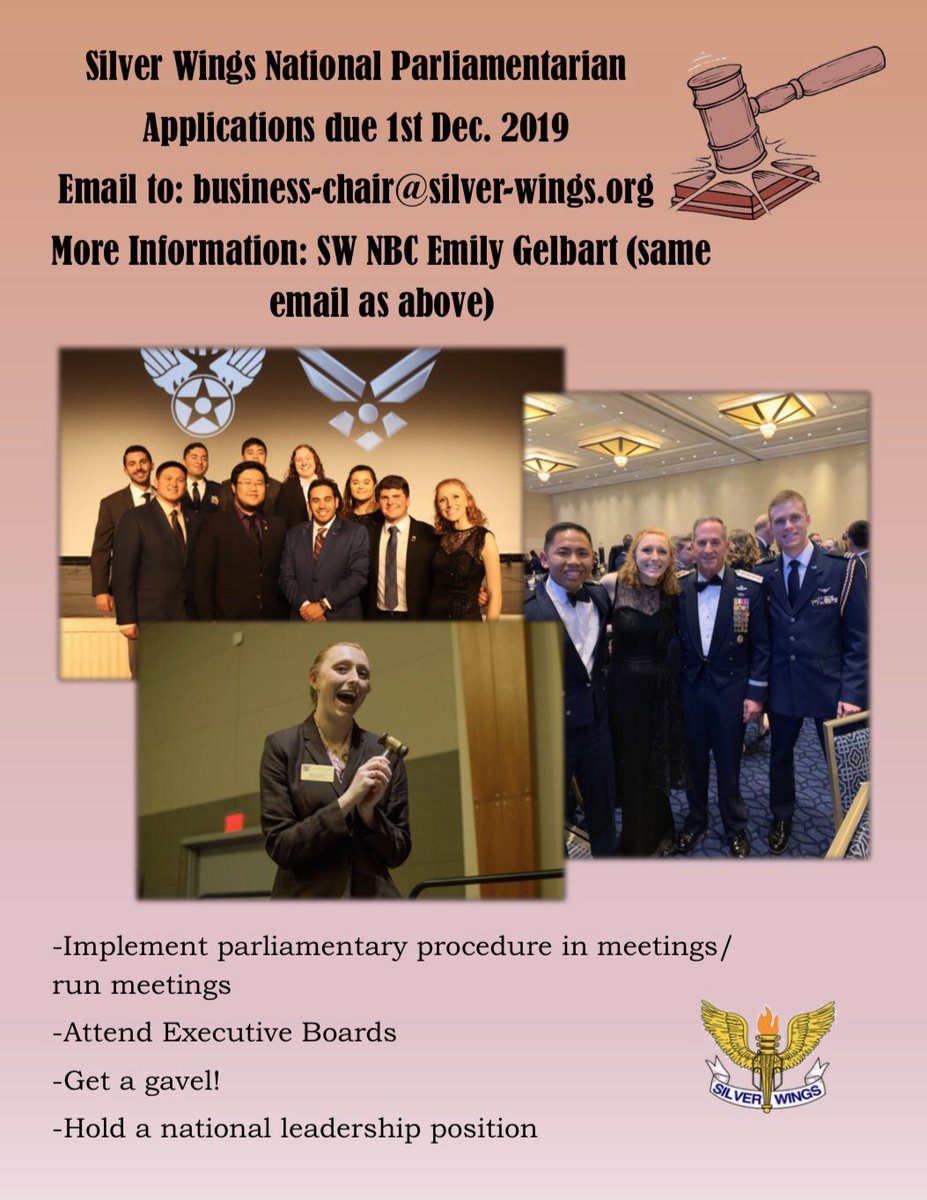 aas_sw's tweet photo. SW National Parliamentarian Applications are open!! Applications are due 1 December 2019. Email applications to business-chair@silver-wings.org. For more information check out the newsroom at https://t.co/aPwB31psTI https://t.co/pJlYcfkmn5