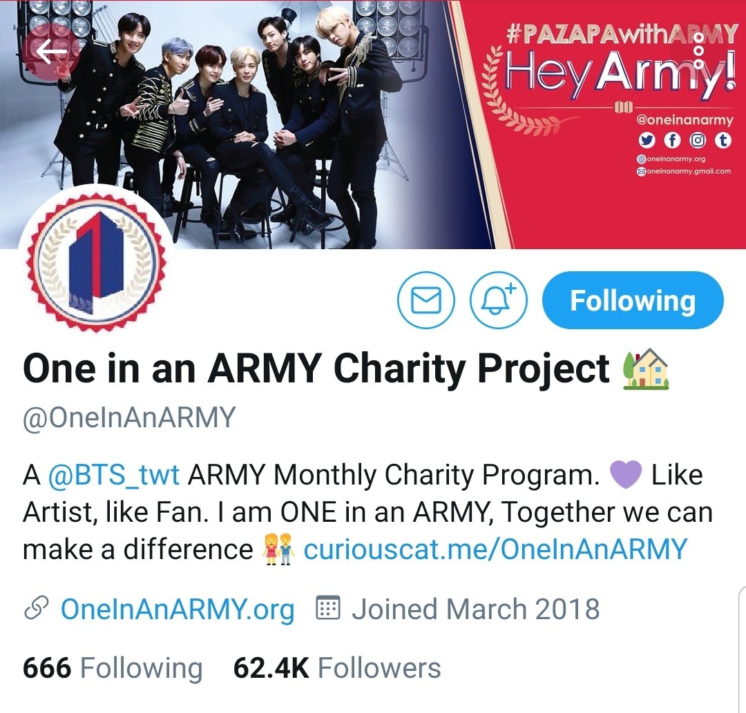 ARMYs are more than just dedicated to supporting BTS. We're dedicated to supporting each other and people in need. One account that I cannot leave out of this is  @OneInAnARMY. They're an account dedicated to charity projects and many ARMYs love to donate to the projects posted.