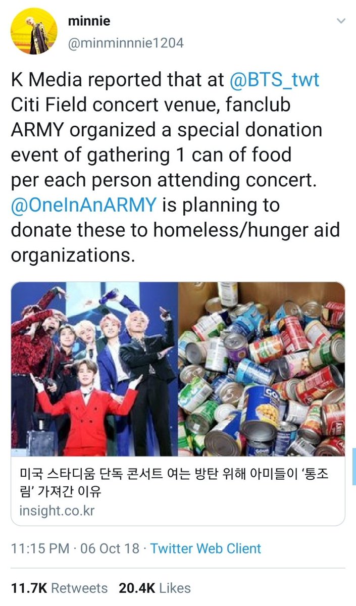 A project I really loved was when ARMYs who went to BTS' Citifield concert last year donated canned goods and blankets outside the stadium, put them all in boxes, and donated them to the homeless.