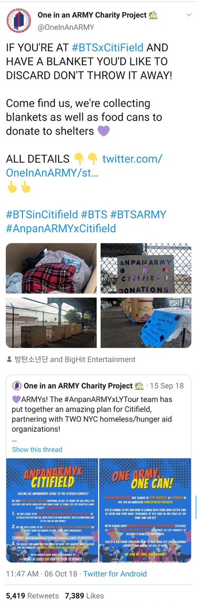 A project I really loved was when ARMYs who went to BTS' Citifield concert last year donated canned goods and blankets outside the stadium, put them all in boxes, and donated them to the homeless.