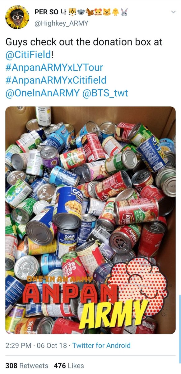 A project I really loved was when ARMYs who went to BTS' Citifield concert last year donated canned goods and blankets outside the stadium, put them all in boxes, and donated them to the homeless.