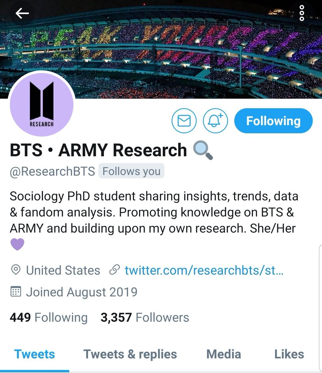 There are also many intelligent ARMYs who do diligent research. An account I want to shout out is  @ResearchBTS, run by an ARMY PhD student that is doing research on BTS and their social engagement. Their account is dedicated to sharing their findings with others.