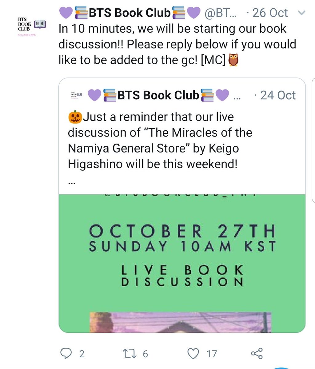 There's an account for ARMYs who love to read! They recommend books to any ARMYs looking for something to add to their libraries, and hold live discussions on books they've read!  @BTSBookClub_twt