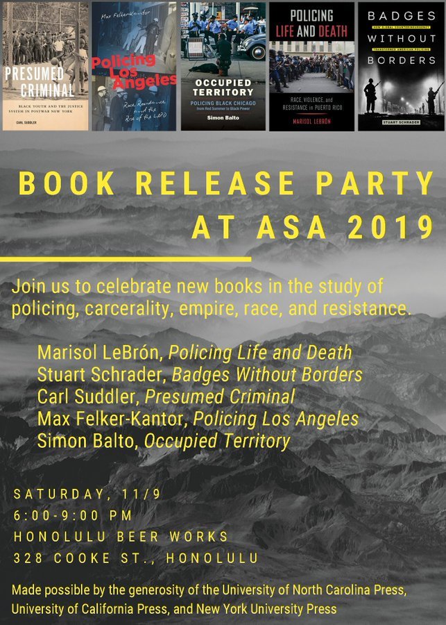 ucpress's tweet image. At #2019ASA? Come to @stschrader1 &amp;amp; @marisollebron's book release party tonight!