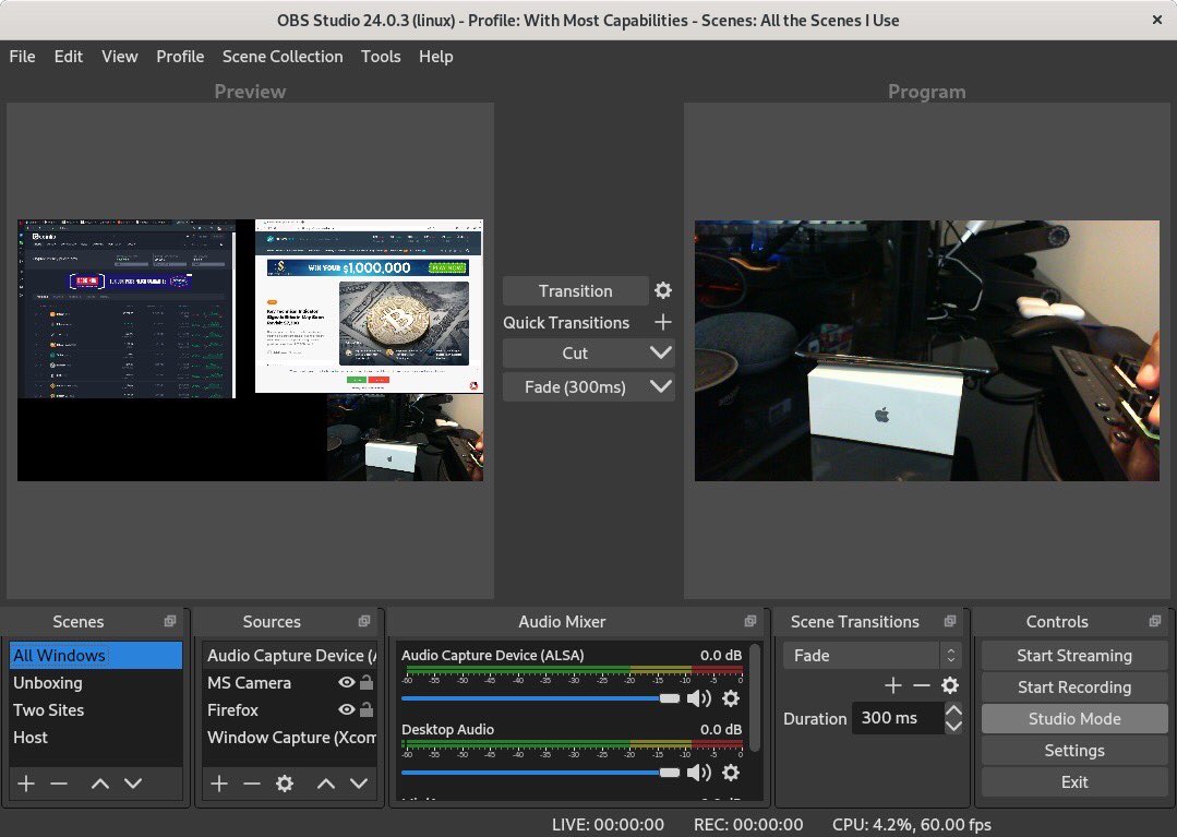 roncoejr's tweet photo. #livestream setup ready for work. Been looking forward to this for a while. #openbroadcaststudio on Linux https://t.co/LjgksgRdlF