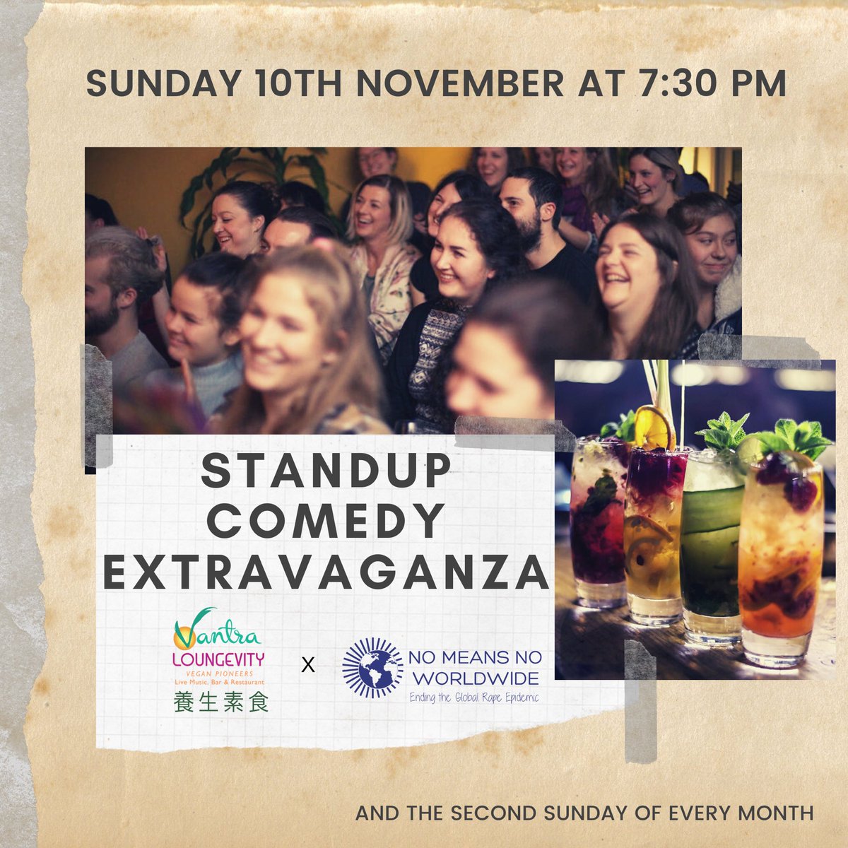 Join us tomorrow at 7:30 pm for this months Standup Comedy Extravaganza. Enjoy our delicious vegan food and have a laugh, in support of #nomeansnoworldwide sexual violence prevention charity.
bit.ly/novstandupcome…