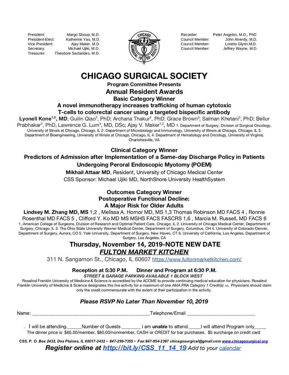 Please bring your guests and come to Fulton Market Kitchen to support the resident abstract awards on November 14 at 5:30 pm. We will be honoring the winners and acknowledging all submissions from the residents!#surgery