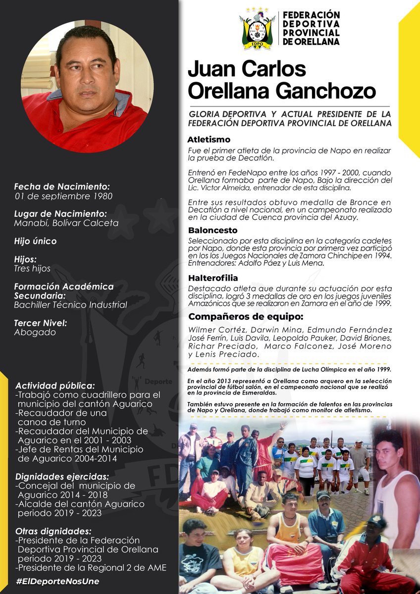 #Biografía | Juan Carlos Orellana Ganchozo - Presidente de la Federación Deportiva Provincial de Orellana.
Durante su trayectoria como deportista obtuvo destacados resultados que lo motivaron a ser un campeón tanto en el deporte como en su vida profesional.
#ElDeporteNosUne