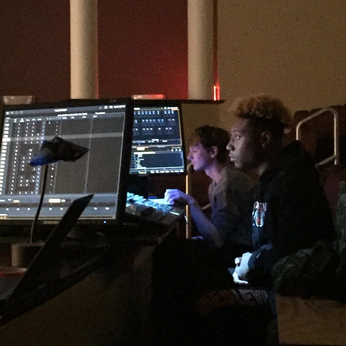 WVWCarts's tweet photo. Stage manager Jakob Spruce and Light Board Operator Barron Darby are calling the cues at tech rehearsal for Godspell, opening Thursday at 8 pm in the PAC.
#wvwcArts
#wvwesleyantheatre https://t.co/fINzaT82xQ
